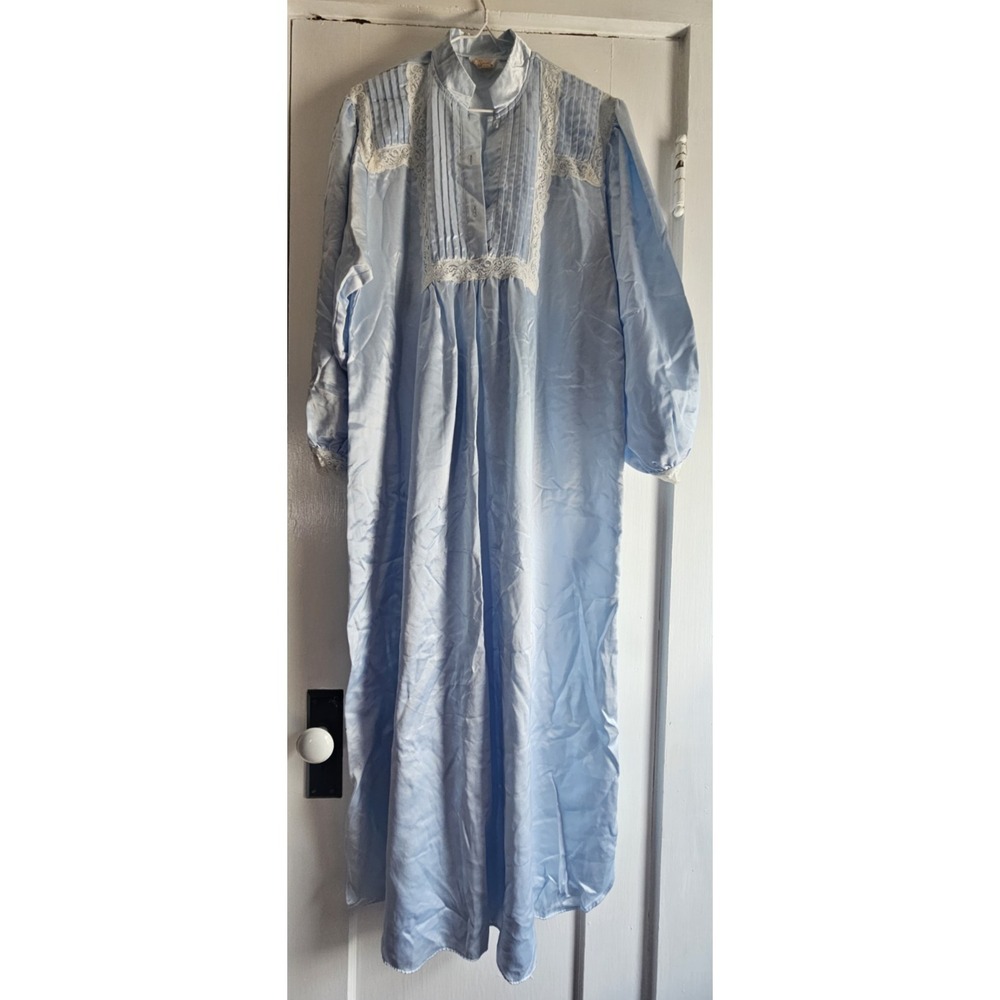 Vtg ILISE STEVENS Blue satin lace long sleeves Prairie cottage core nightgown  M